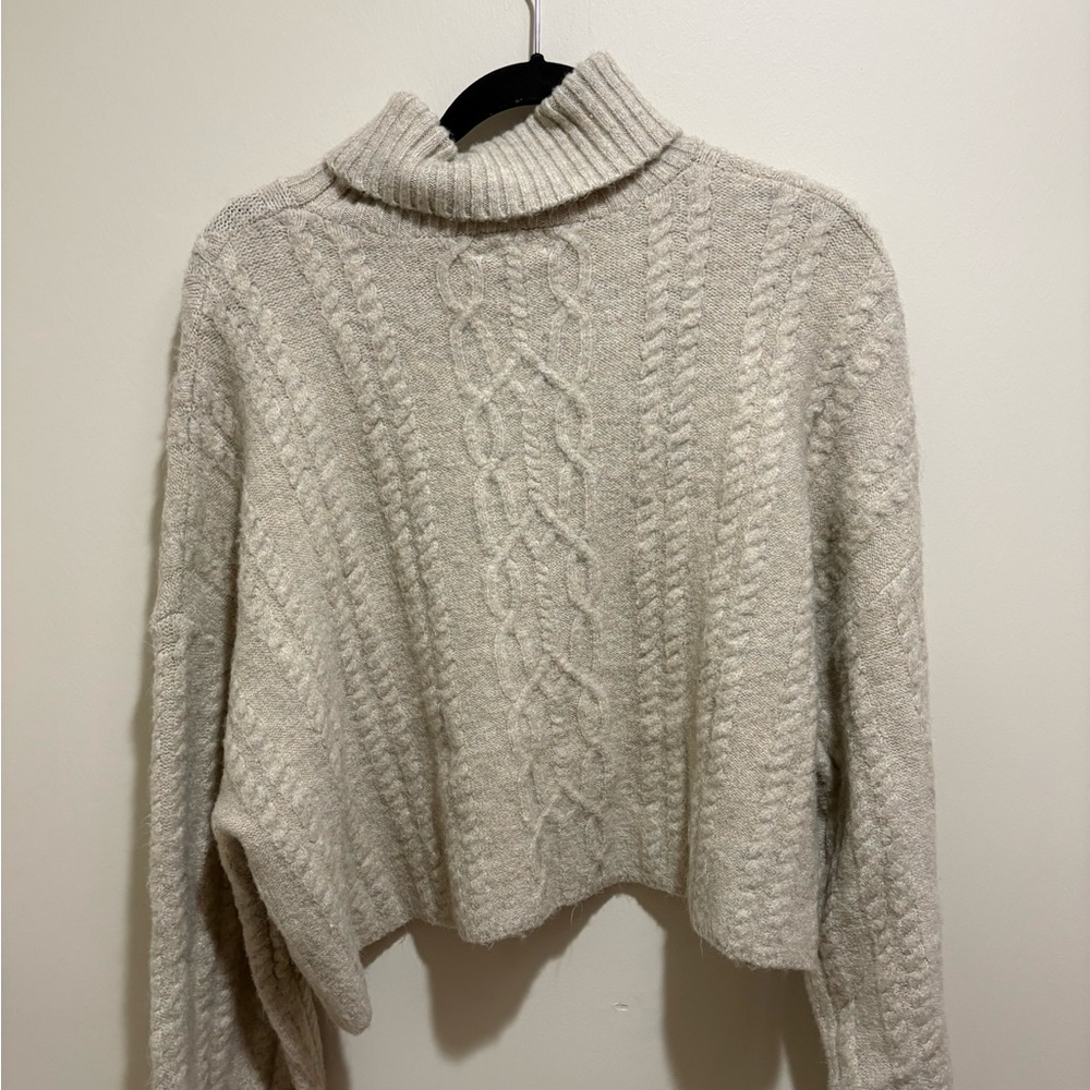 Open Edit Cropped Cream Cable Knit Turtleneck Sweater